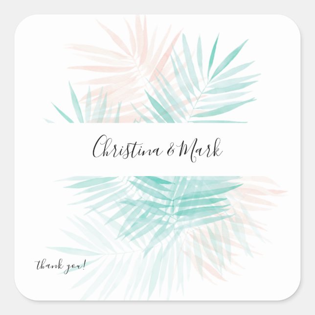 Mint Green Palm Leaf Thank You Square Sticker (Front)