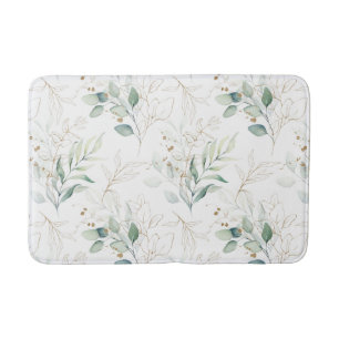 Mint Green Pastel Floral Greenery Pattern Bath Mat