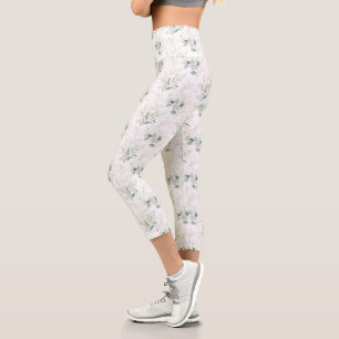 Mint Green Pastel Floral Greenery Pattern Capri Leggings