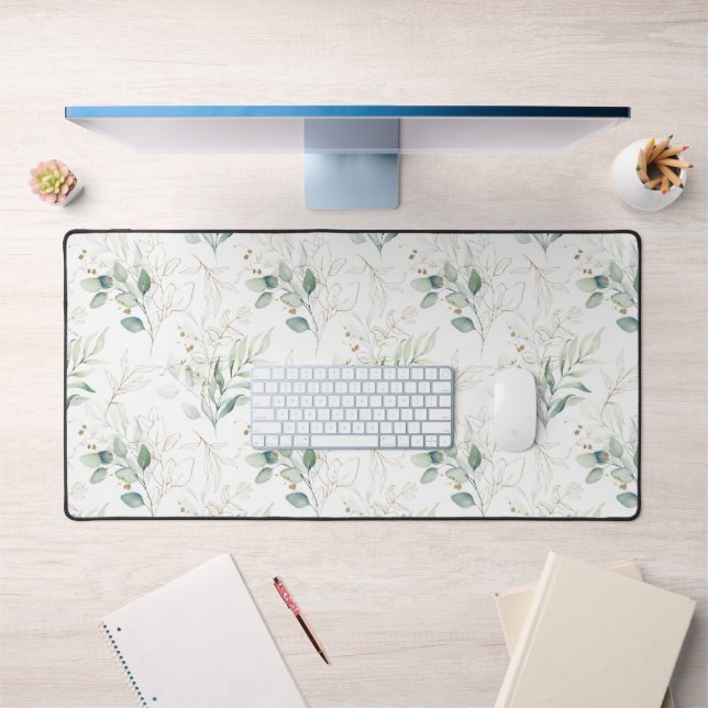 Mint Green Pastel Floral Greenery Pattern Desk Mat (Office 1)