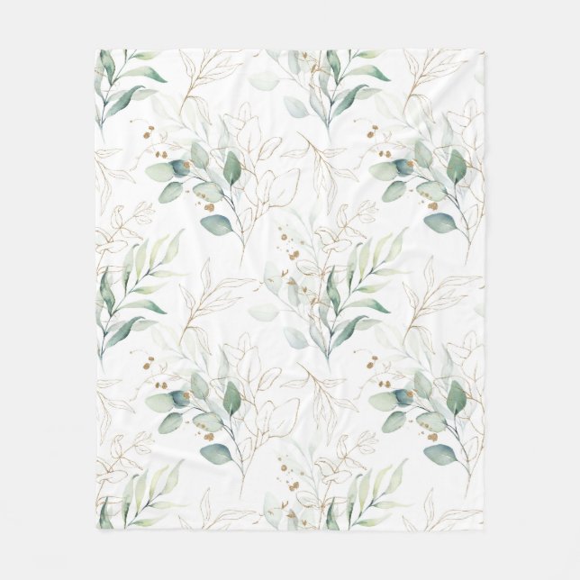 Mint Green Pastel Floral Greenery Pattern Fleece Blanket (Front)