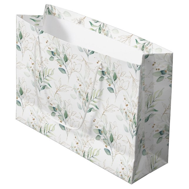 Mint Green Pastel Floral Greenery Pattern Large Gift Bag (Front Angled)