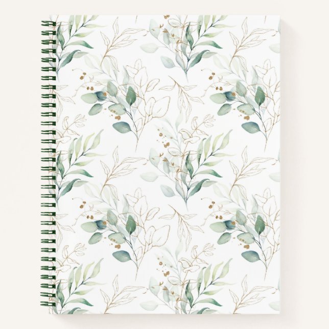 Mint Green Pastel Floral Greenery Pattern Notebook (Front)