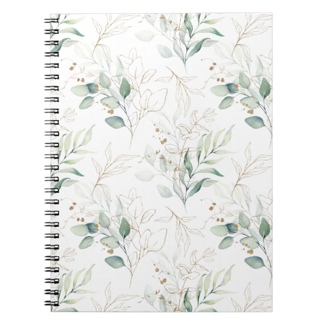 Mint Green Pastel Floral Greenery Pattern Notebook (Front)