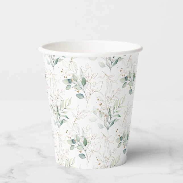 Mint Green Pastel Floral Greenery Pattern Paper Cups (Front)