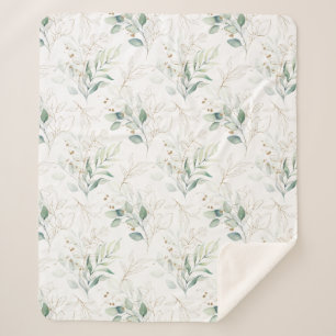 Mint Green Pastel Floral Greenery Pattern Sherpa Blanket