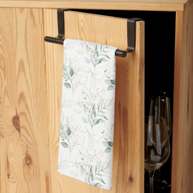 Mint Green Pastel Floral Greenery Pattern Tea Towel (Thirds Fold)