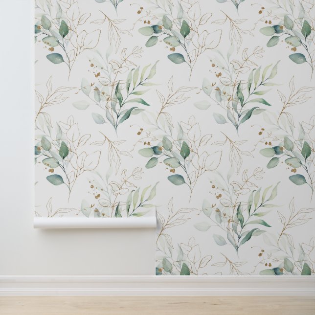 Mint Green Pastel Floral Greenery Pattern Wallpaper (Application)