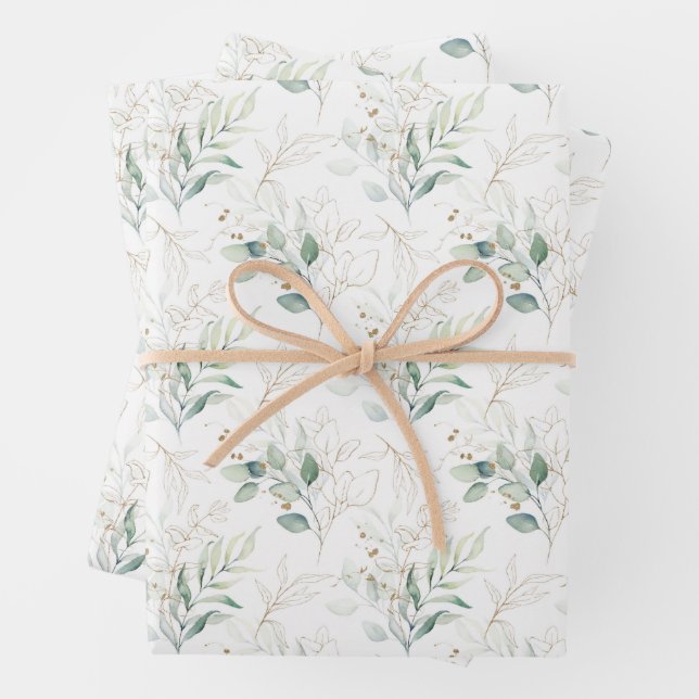 Mint Green Pastel Floral Greenery Pattern Wrapping Paper Sheet (In situ)