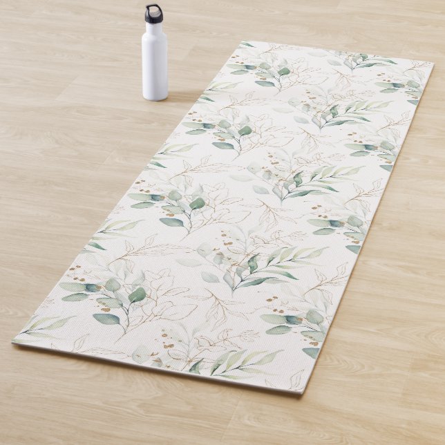 Mint Green Pastel Floral Greenery Pattern Yoga Mat (In Situ)