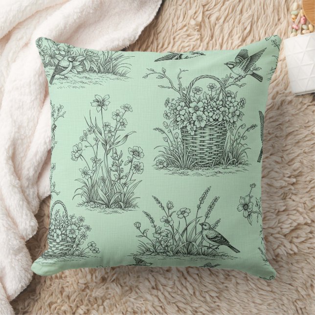 Mint Green Pastoral Toile with Birds and Blossoms Cushion (Blanket)