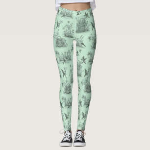 Mint Green Pastoral Toile with Birds and Blossoms Leggings