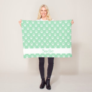 Mint Green Paw Prints Pattern With Custom Name Fleece Blanket