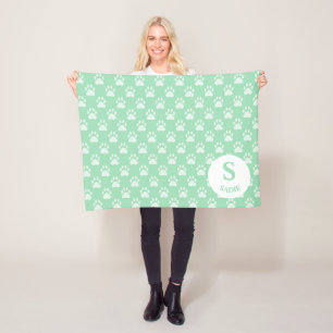 Mint Green Paw Prints Pattern With Monogram & Name Fleece Blanket