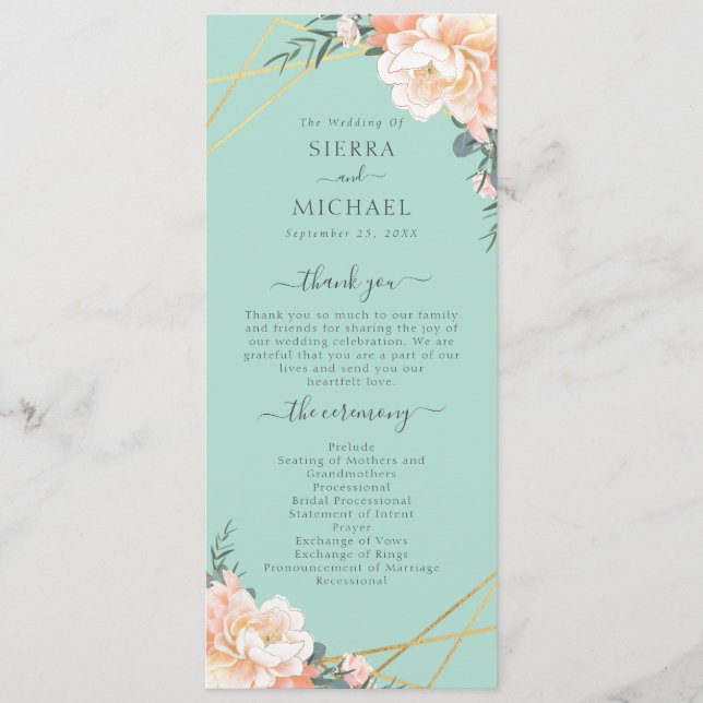 Mint Green Peach Cream Gold Geometric Wedding Programme (Front)