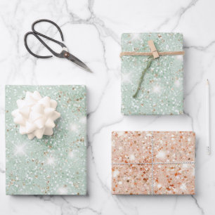 Mint Green Peach Faux Glitter Birthday Wrapping Paper Sheet
