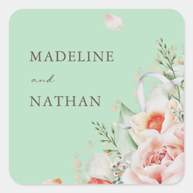 Mint Green & Peach Floral Bouquet Envelope Seals (Front)