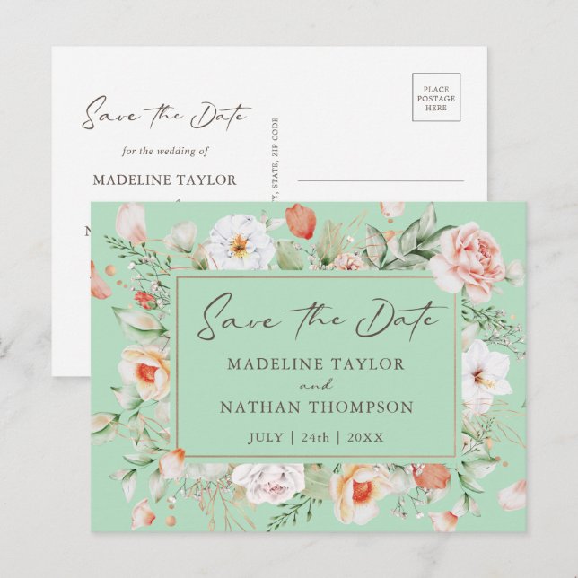 Mint Green & Peach Floral Save The Date Announcement Postcard (Front/Back)
