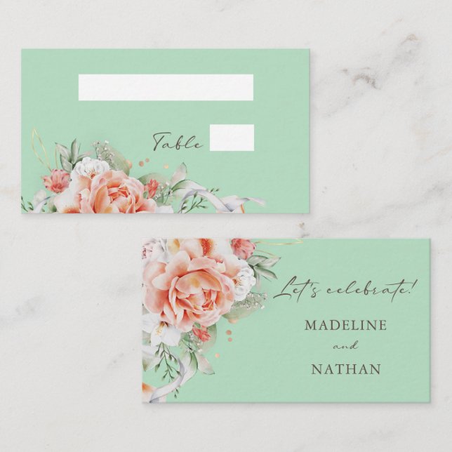 Mint Green & Peach Floral Wedding Flat Place Cards (Front/Back)