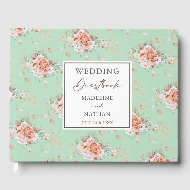 Mint Green & Peach Floral Wedding Guest Book (Front)