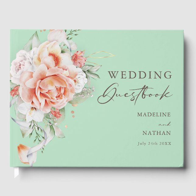 Mint Green & Peach Floral Wedding Guest Book (Front)