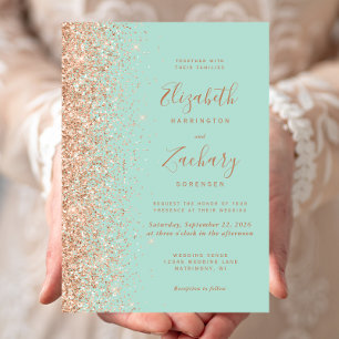 Mint Green Peach Glitter Wedding Invitation