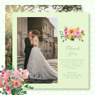 Mint Green Peach Pink Floral Photo Thank You Card