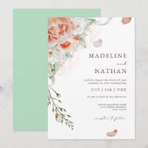Mint Green, Peach & White Floral Wedding Invitation