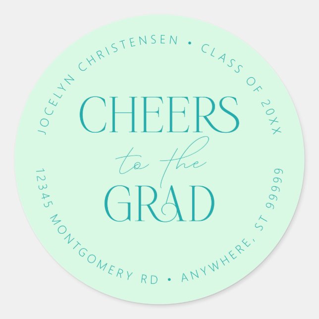 Mint Green Personalised Cheers to the Grad Classic Round Sticker (Front)