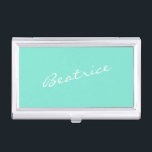 Mint Green Personalised Script Name Design Minimal Business Card Holder<br><div class="desc">This sleek business card case features a fresh mint green background with a custom name in elegant white script lettering. Ideal for professionals who want to add a stylish and personal touch to their daily essentials. This case is perfect for carrying and presenting your business cards at meetings, events, or...</div>