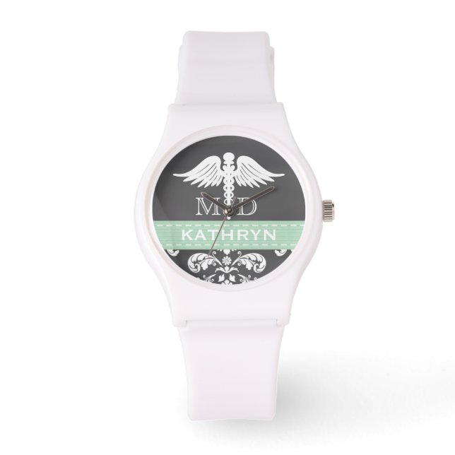 MINT GREEN PERSONALIZED DOCTOR CADUCEUS CHALKBOARD WATCH (Front)