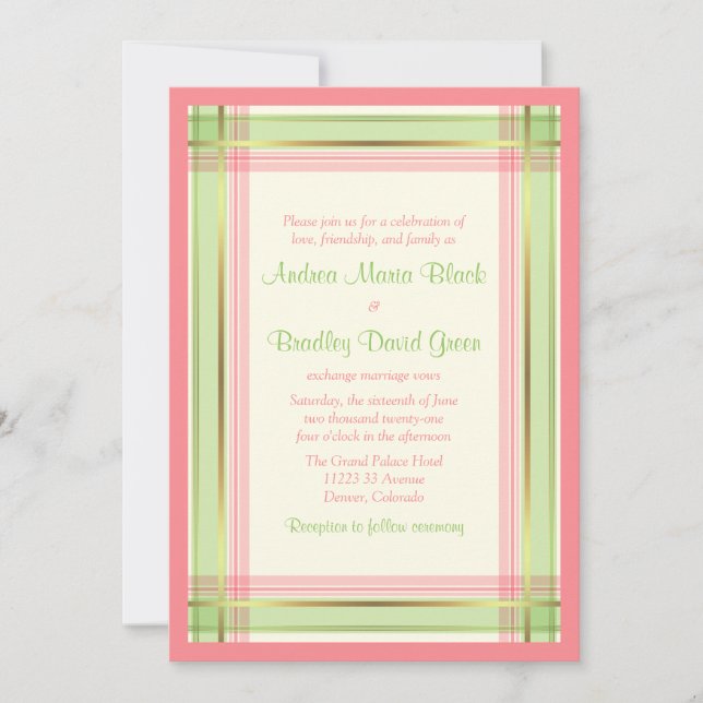 Mint Green Petal Pink Plaid Wedding Invitation (Front)