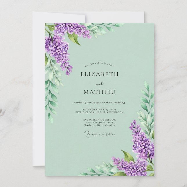 Mint Green Picturesque Lilac Wedding Invitation (Front)