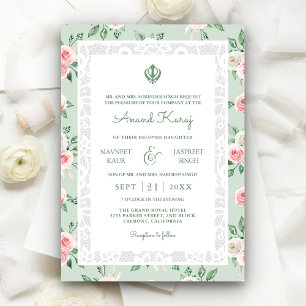 Mint Green Pink Anand Karaj Punjabi Sikh Wedding Invitation