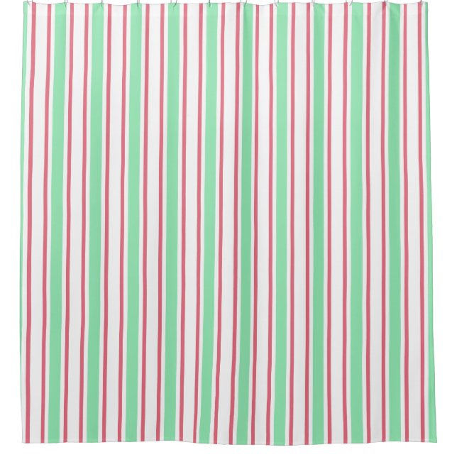 Mint green, pink and white candy stripes shower curtain (Front)