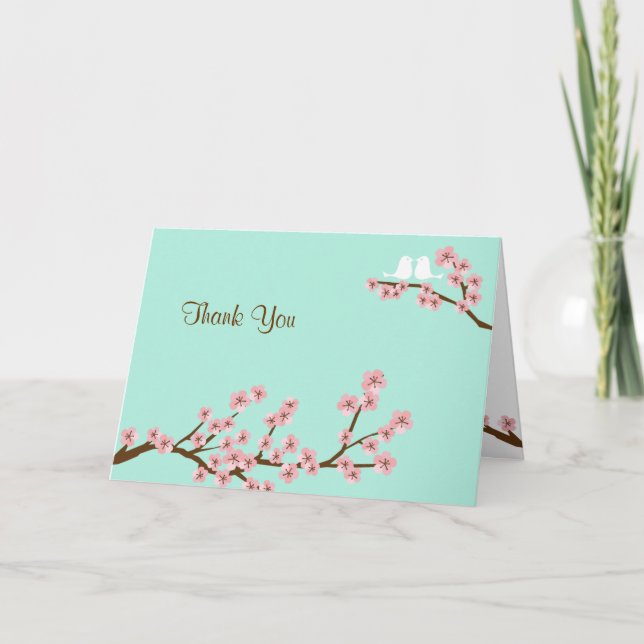 Mint Green & Pink Cherry Blossom Modern Thank You (Front)