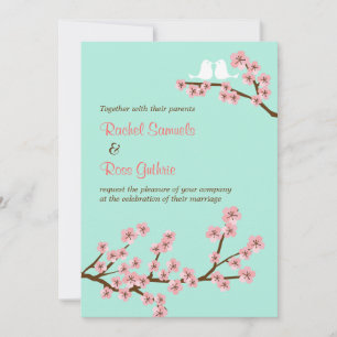 Mint Green & Pink Cherry Blossom Modern Wedding Invitation