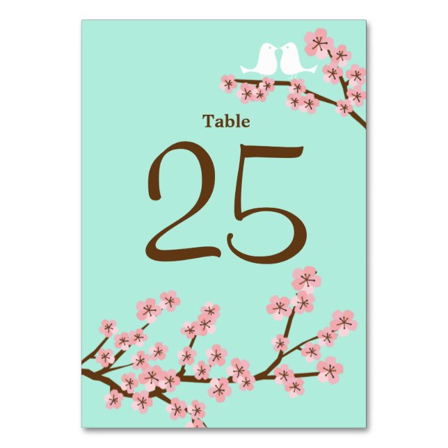 Mint Green & Pink Cherry Blossom Wedding Table Number (Front)