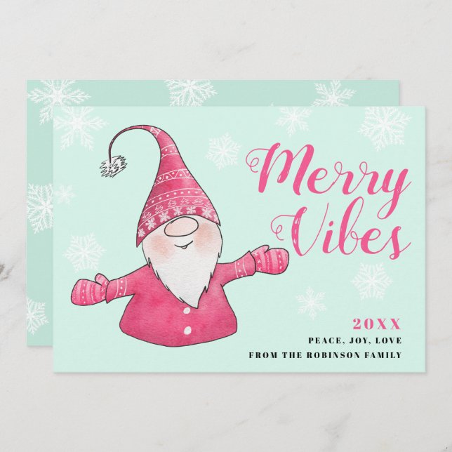 Mint Green Pink Cute Gnome Merry Vibes Christmas Holiday Card (Front/Back)