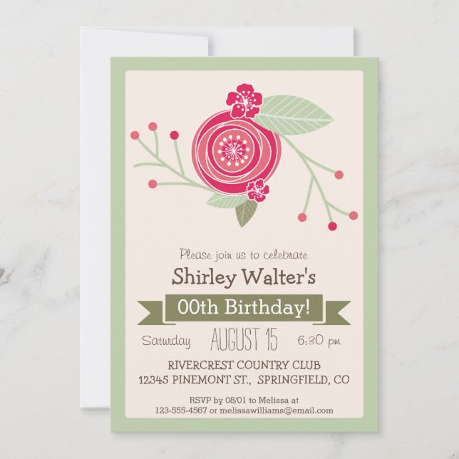 Mint Green & Pink Floral Adult Birthday Party Invitation (Front)