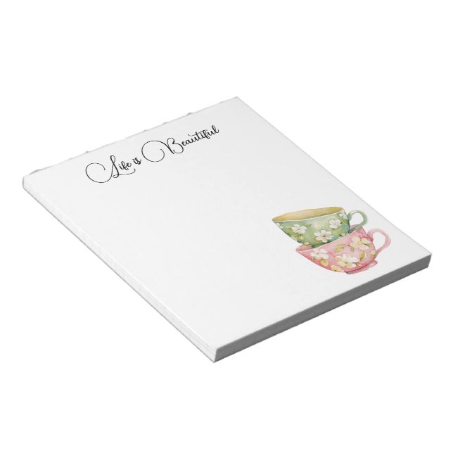 Mint Green Pink Floral Cups Notepad (Angled)