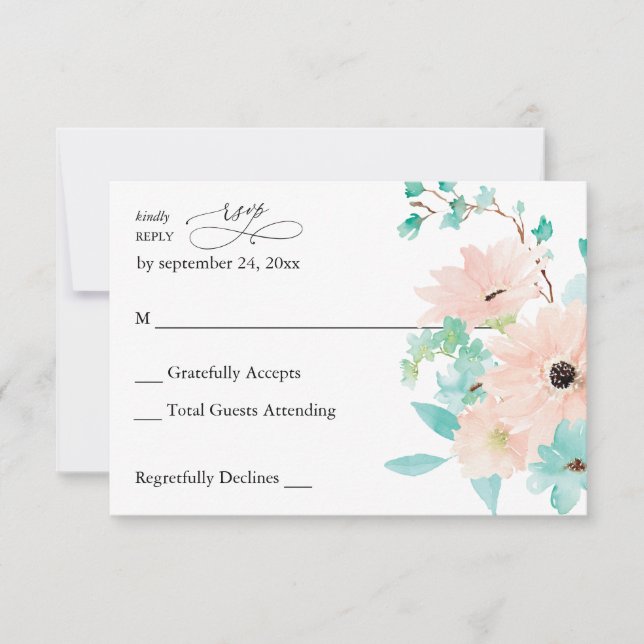 Mint Green & Pink Floral no Meal RSVP (Front)
