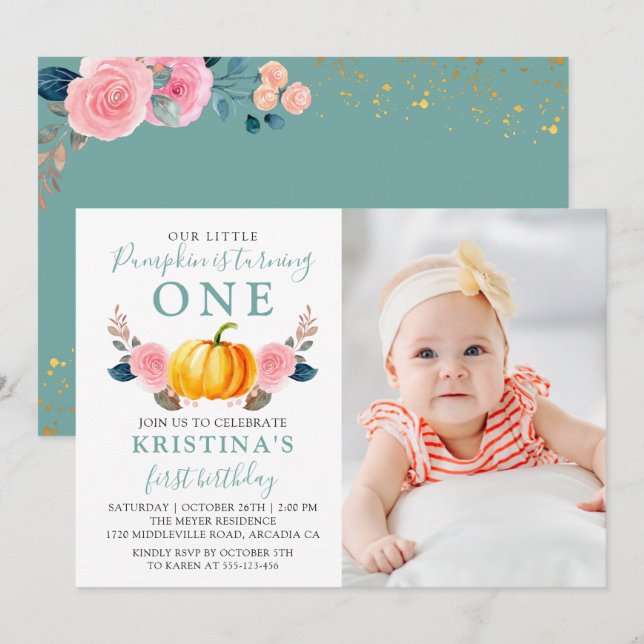 Mint Green Pink Floral Pumpkin 1st Birthday Photo Invitation (Front/Back)