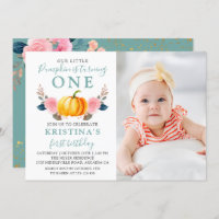 Mint Green Pink Floral Pumpkin 1st Birthday Photo