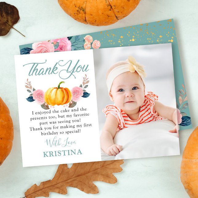 Mint Green Pink Floral Pumpkin Fall Birthday Photo Thank You Card (Creator Uploaded)