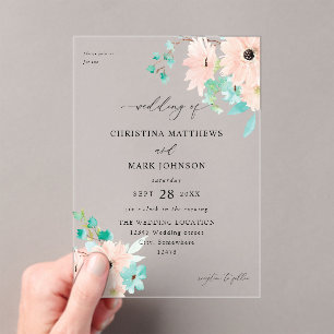 Mint Green & Pink Floral Wedding Acrylic Invitations