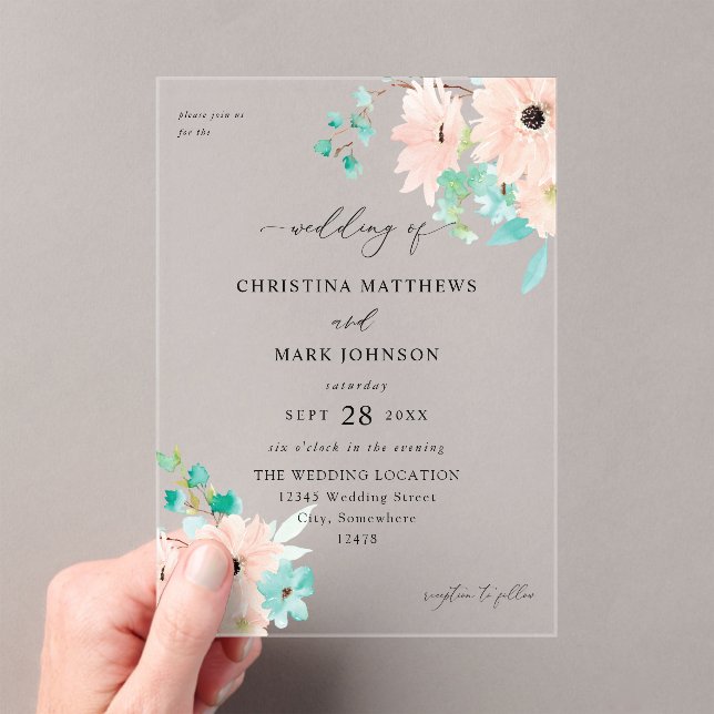 Mint Green & Pink Floral Wedding Acrylic Invitations (Insitu (Handheld))