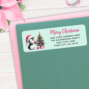 Mint Green Pink Merry Christmas Fun Penguin Modern