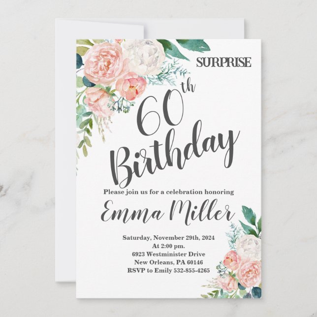 Mint Green & Pink Peonies 60th Birthday Invitation (Front)