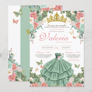 Mint Green Pink Rose Butterfly Princess Quince Invitation